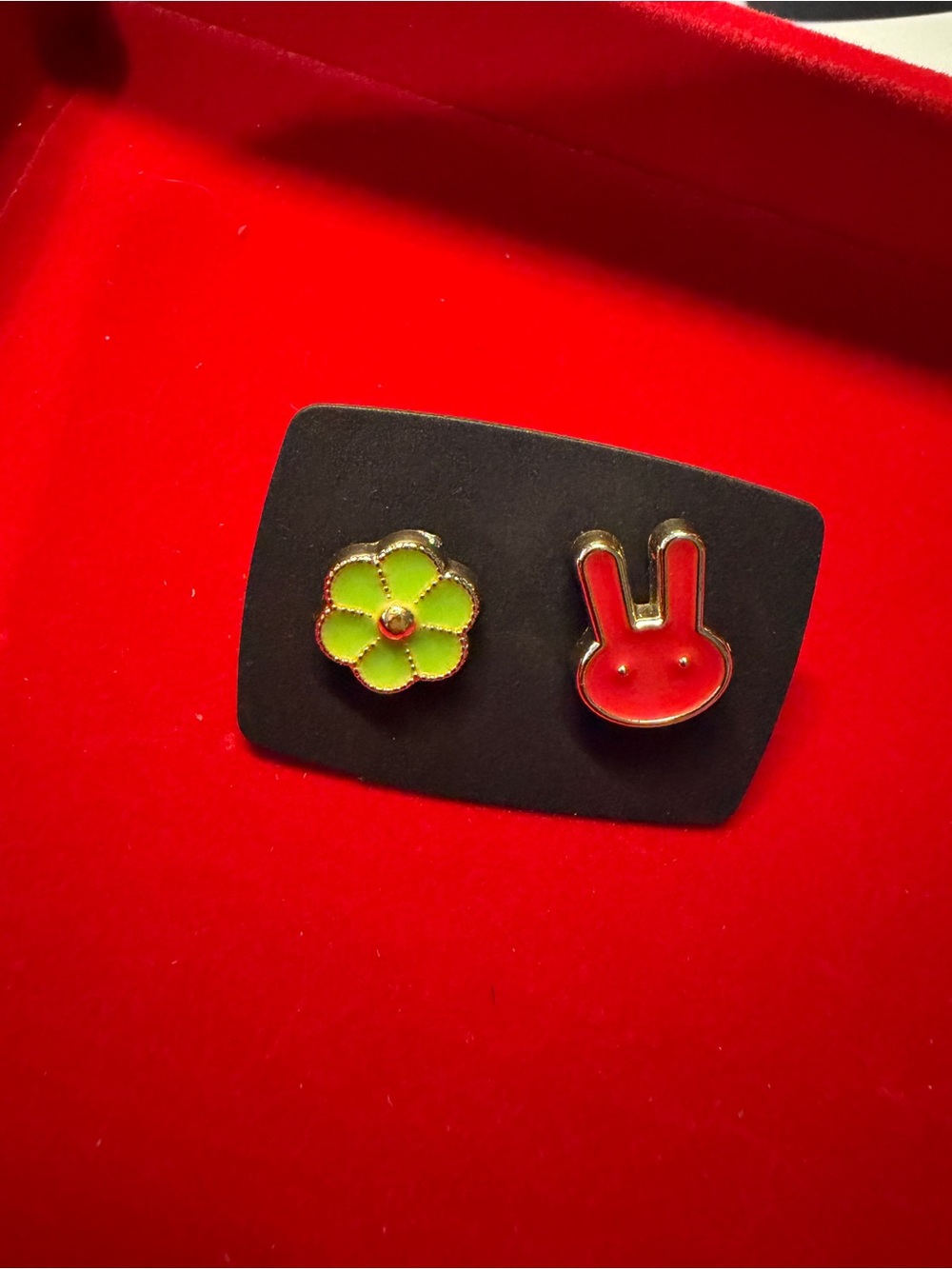 Gold-Tone Green Flower & Red Bunny Enamel Brooch Duo